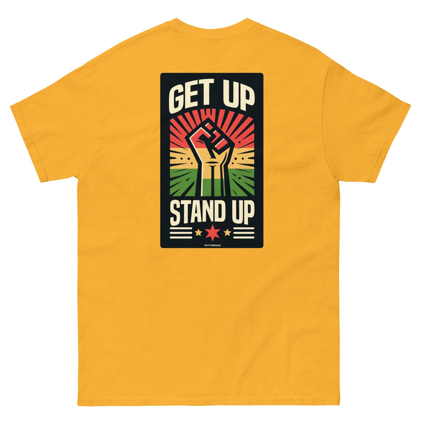 reggae t-shirt - get up stand up gold back