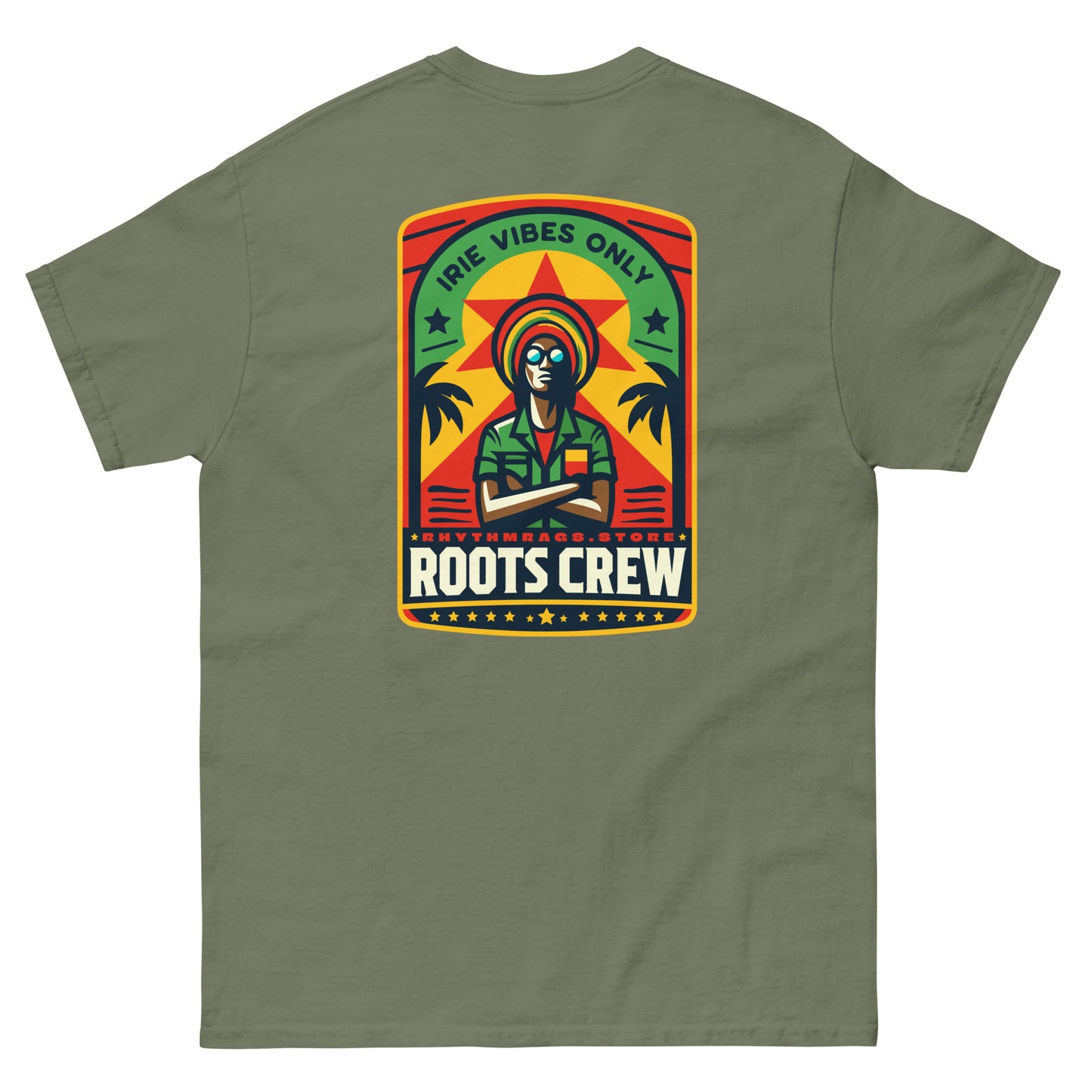 roots-crew-reggae-t-shirt-military-green-back