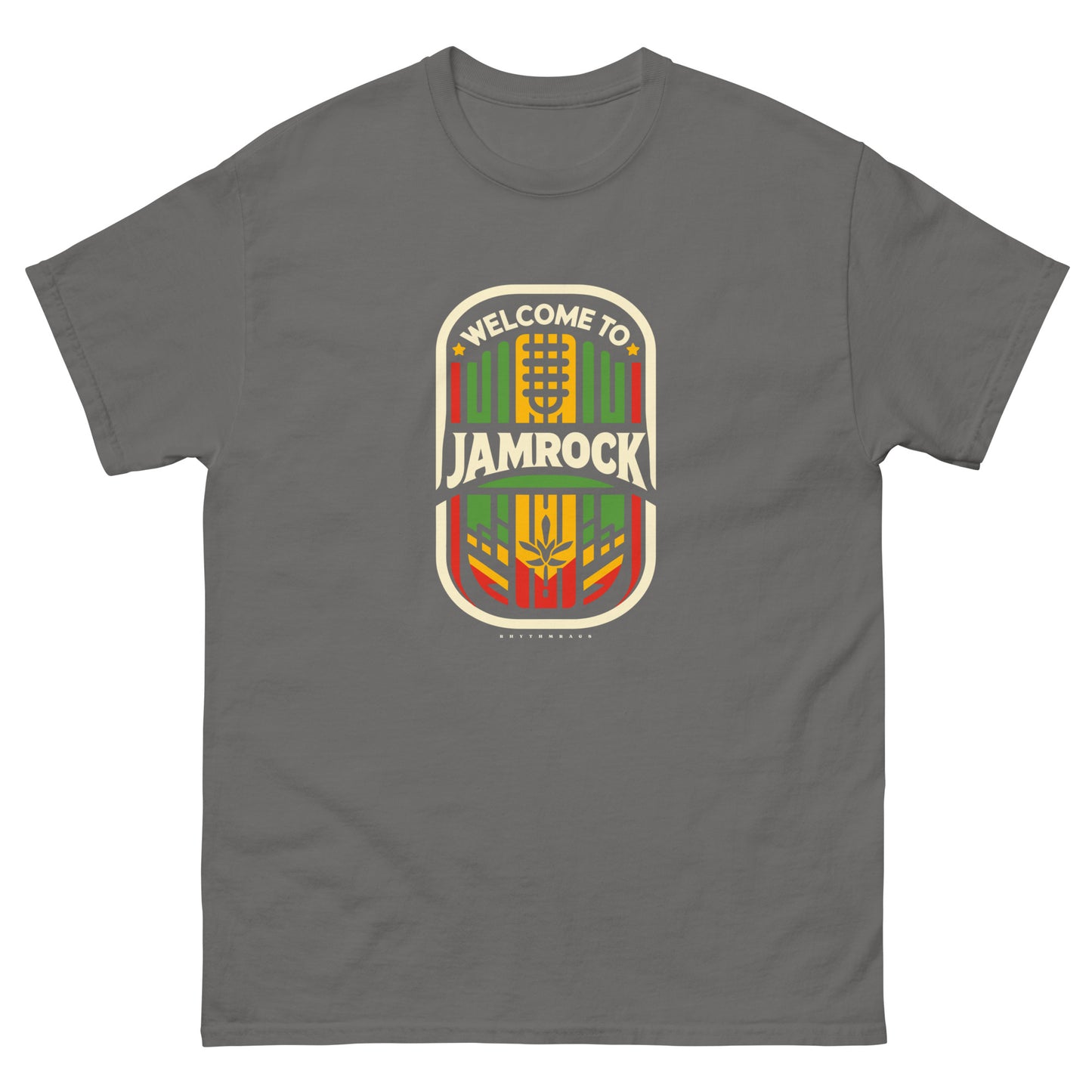 Welcome-to-Jamrock_1-reggae-t-shirt-charcoal-front
