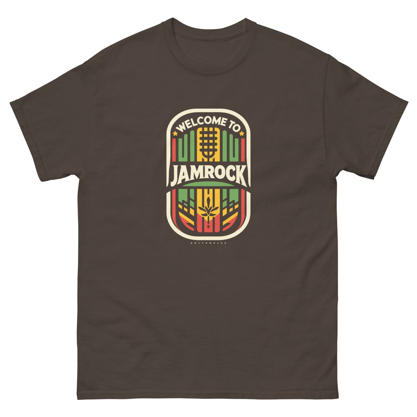 Welcome-to-Jamrock_1-reggae-t-shirt-dark-chocolate-front
