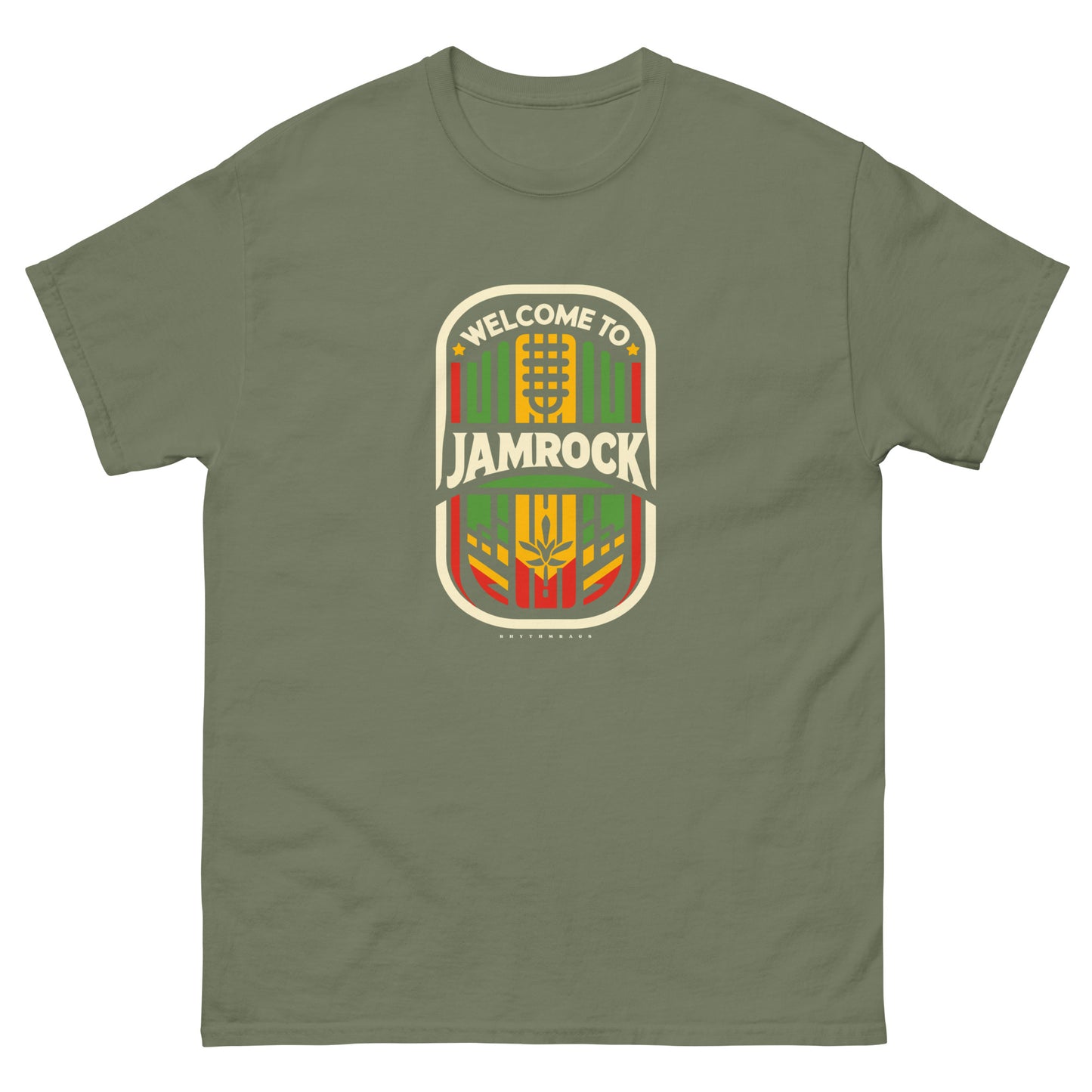 Welcome-to-Jamrock_1-reggae-t-shirt-military-green-front