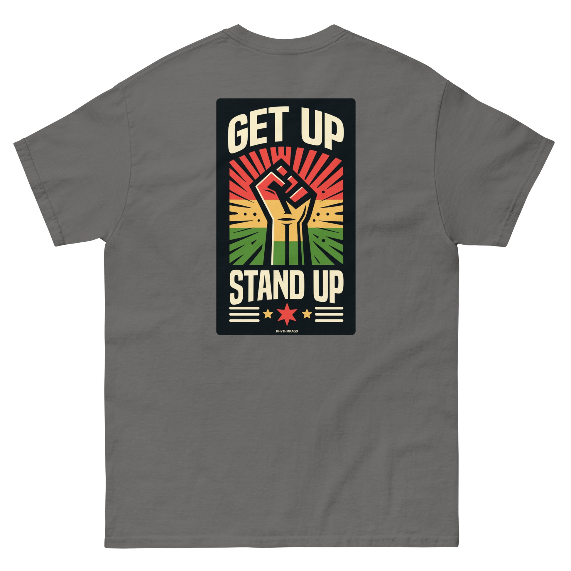 reggae t-shirt - get up stand up charcoal back
