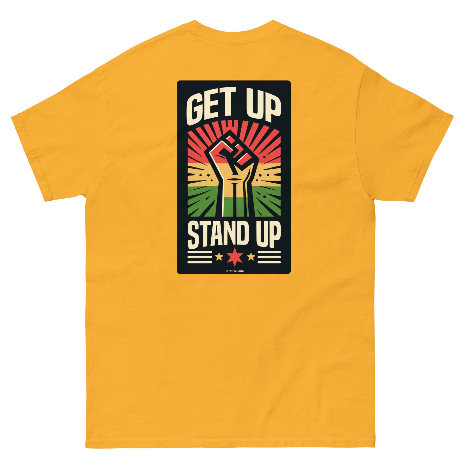 reggae t-shirt - get up stand up gold back
