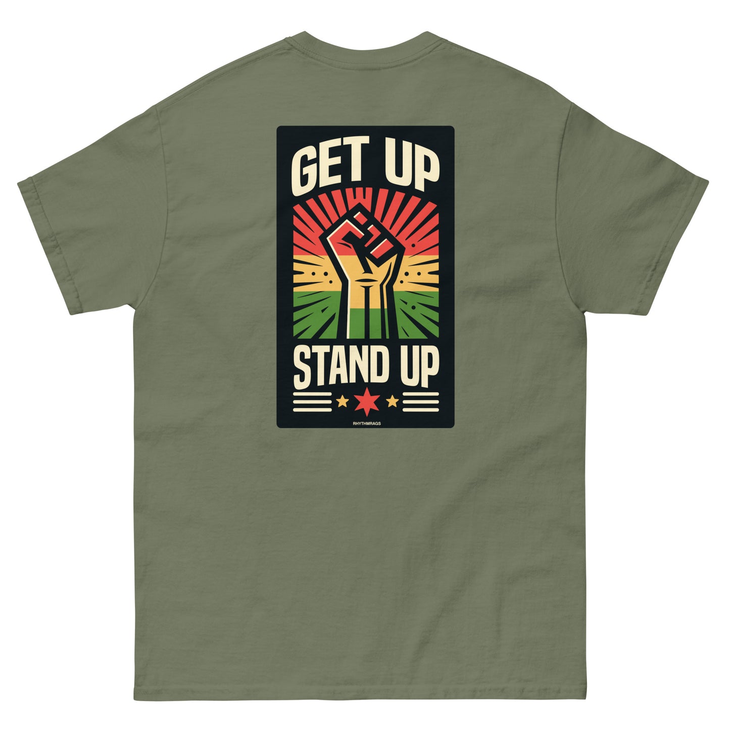 reggae t-shirt - get up stand up military green back