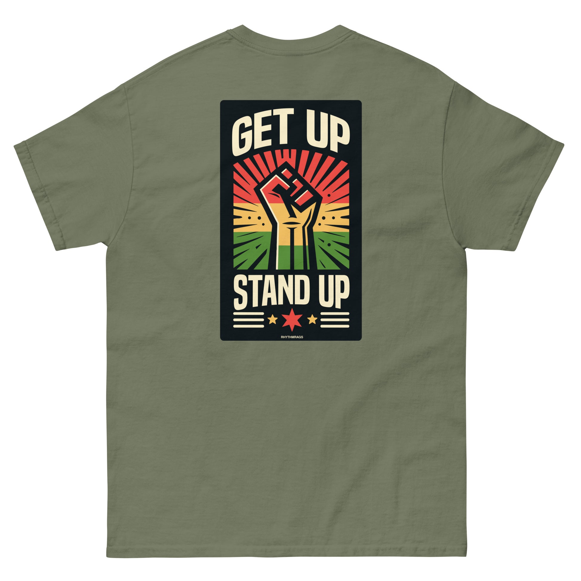 reggae t-shirt - get up stand up military green back