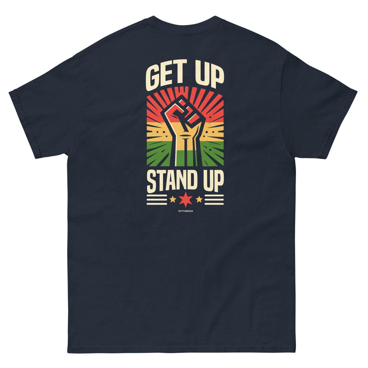 reggae t-shirt - get up stand up navy back