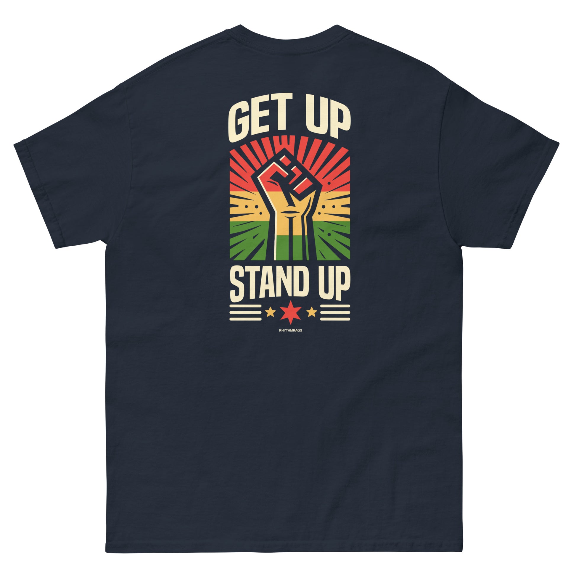 reggae t-shirt - get up stand up navy back